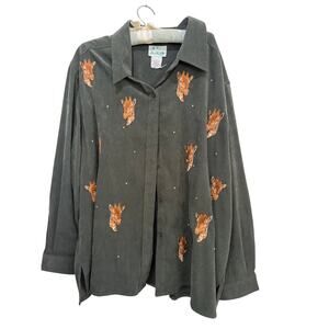 Vintage The Quacker Factory Shirt Giraffe Embroidered Green Size 3X safari 90s